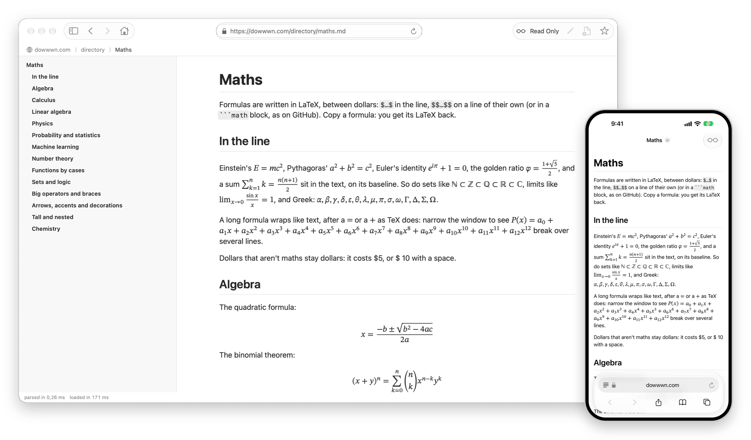 Dowwwn on a Mac and on an iPhone, on the same page of maths: formulas in the line, the quadratic formula and the binomial theorem, typeset by Dowwwn