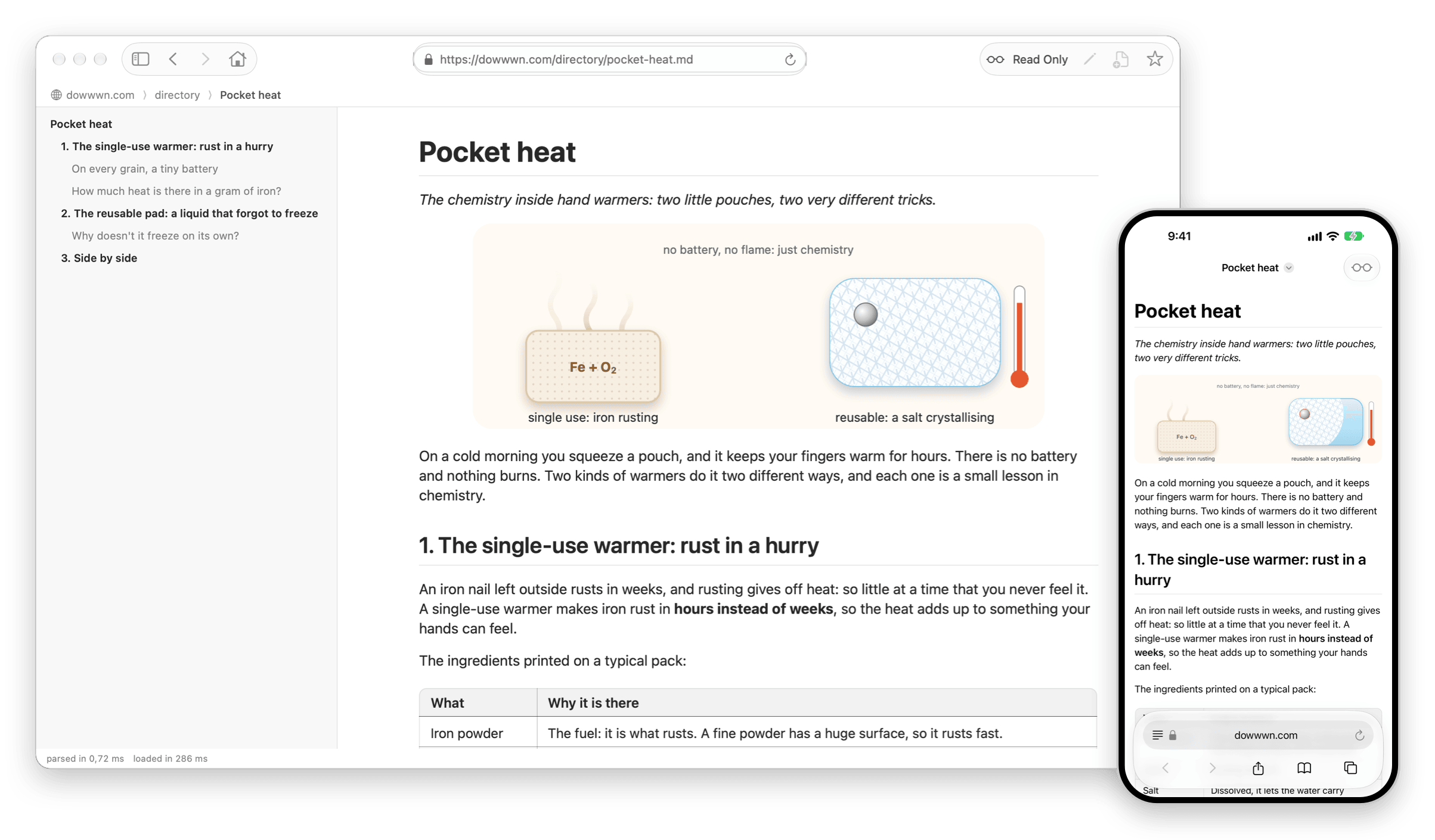 Dowwwn on a Mac and on an iPhone, in dark mode, on a page about hand warmers, its illustration an SVG drawing written in the page